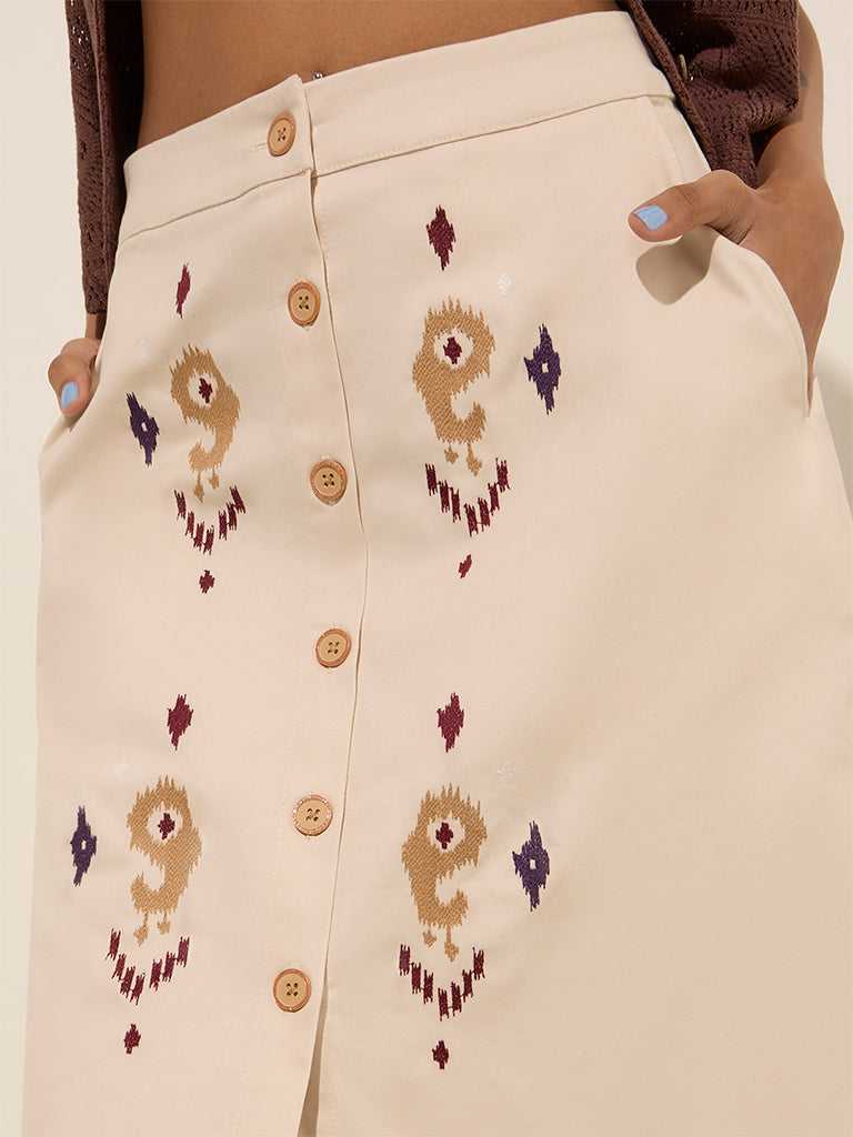 Bombay Paisley Off-White Paisley Embroidered High-Rise Cotton Skirt - Image 2