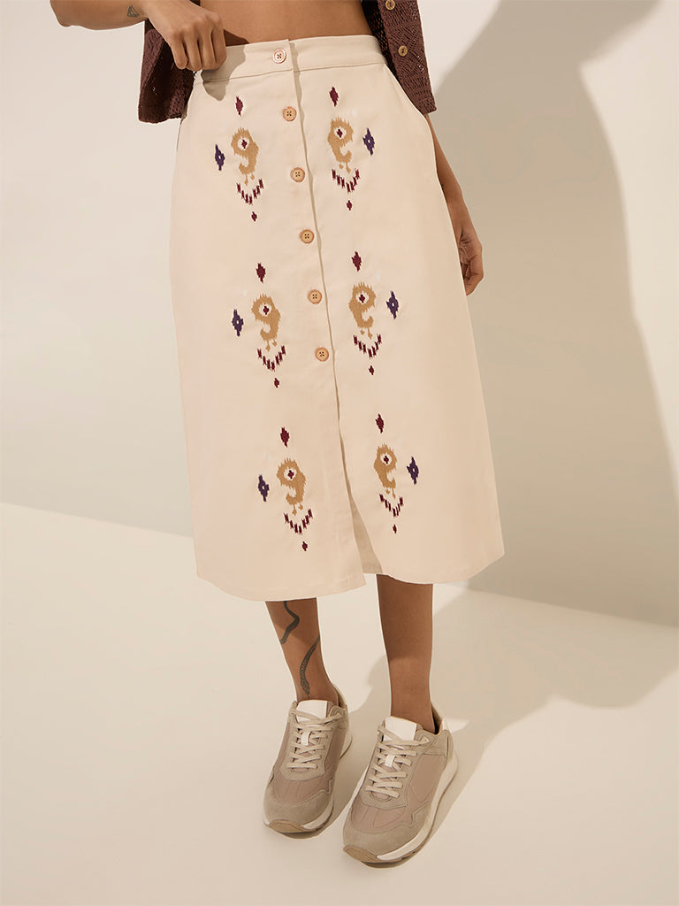 Bombay Paisley Off-White Paisley Embroidered High-Rise Cotton Skirt - Image 3