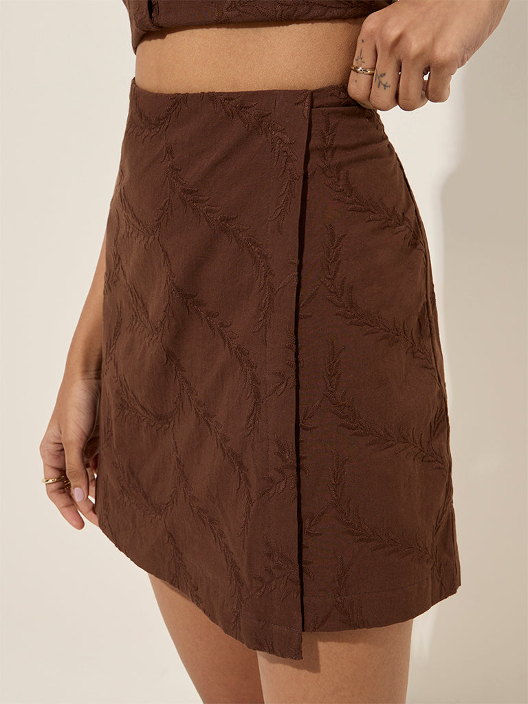 Bombay Paisley Brown Embroidered High-Rise Cotton Skort - Image 2