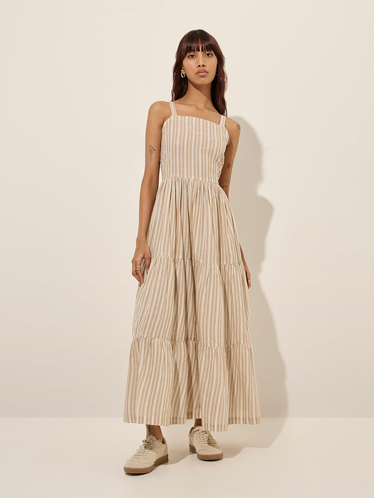 Bombay Paisley Taupe Stripe Cotton Tiered Dress with Jacket - Image 3