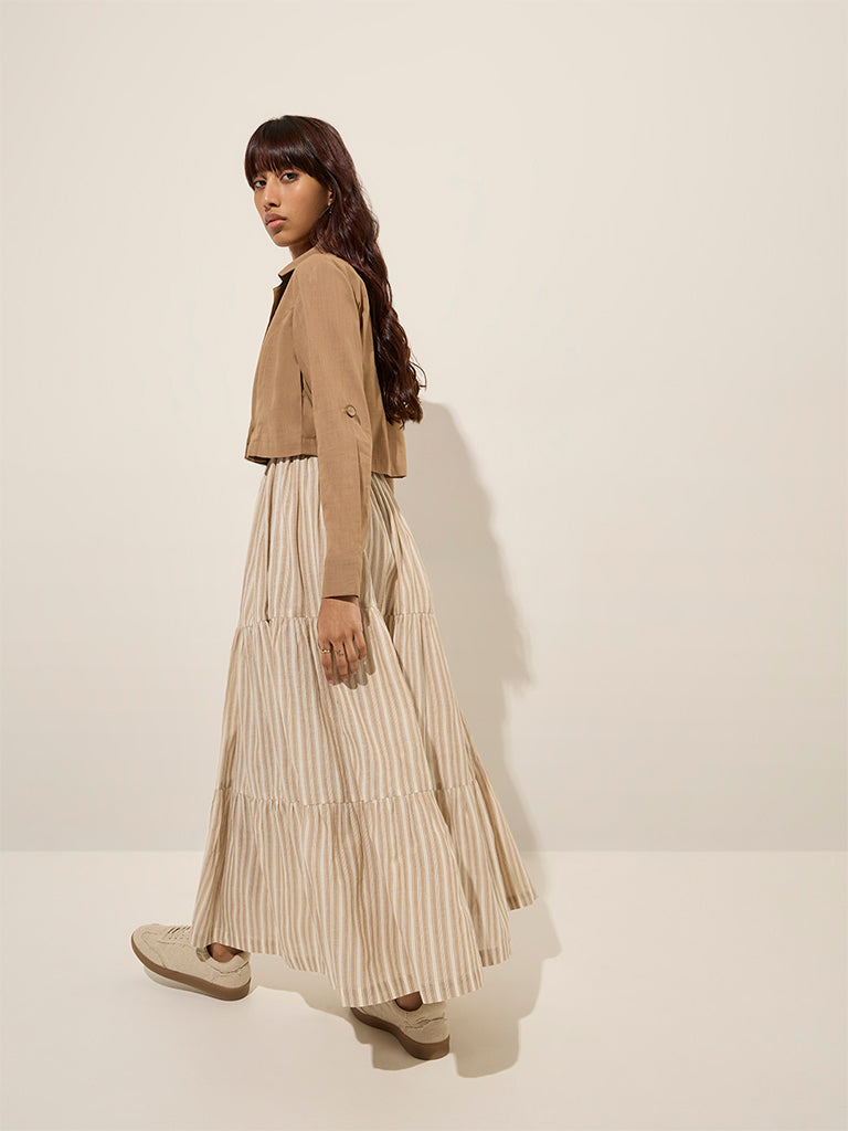 Bombay Paisley Taupe Stripe Cotton Tiered Dress with Jacket - Image 4