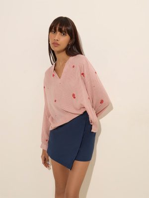 Bombay Paisley Pink Paisley Embroidered Cotton Top