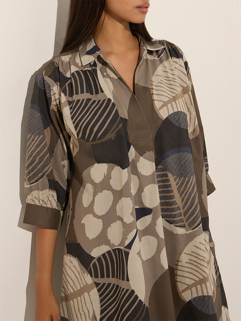 Utsa Charcoal Leaf Printed A-Line Cotton Kurta - Image 2