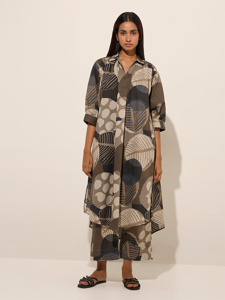 Utsa Charcoal Leaf Printed A-Line Cotton Kurta - Image 3