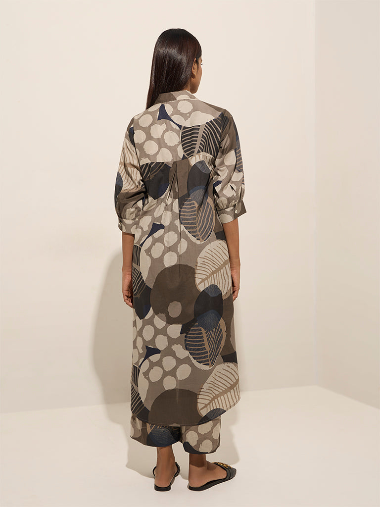 Utsa Charcoal Leaf Printed A-Line Cotton Kurta - Image 4