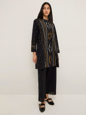 Utsa Black Printed Cotton-Blend A-Line Kurta