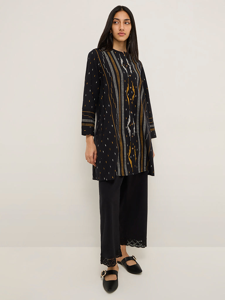 Utsa Black Printed Cotton-Blend A-Line Kurta
