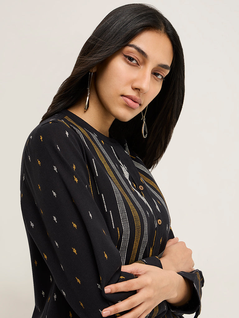 Utsa Black Printed Cotton-Blend A-Line Kurta - Image 2