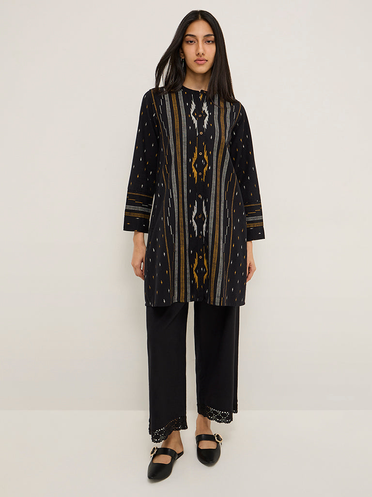 Utsa Black Printed Cotton-Blend A-Line Kurta - Image 3