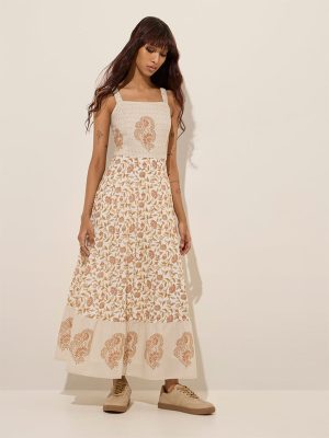 Bombay Paisley Beige Botanical Design A-Line Cotton Dress