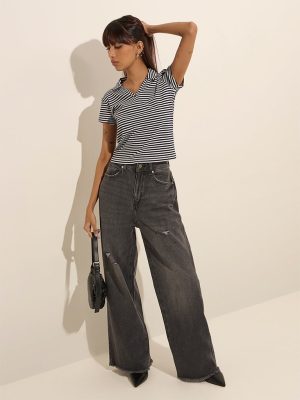 Nuon Grey Ripped Relaxed-Fit High-Rise Jeans