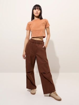 Nuon Dark Brown Wide-Leg High-Rise Cotton Pants