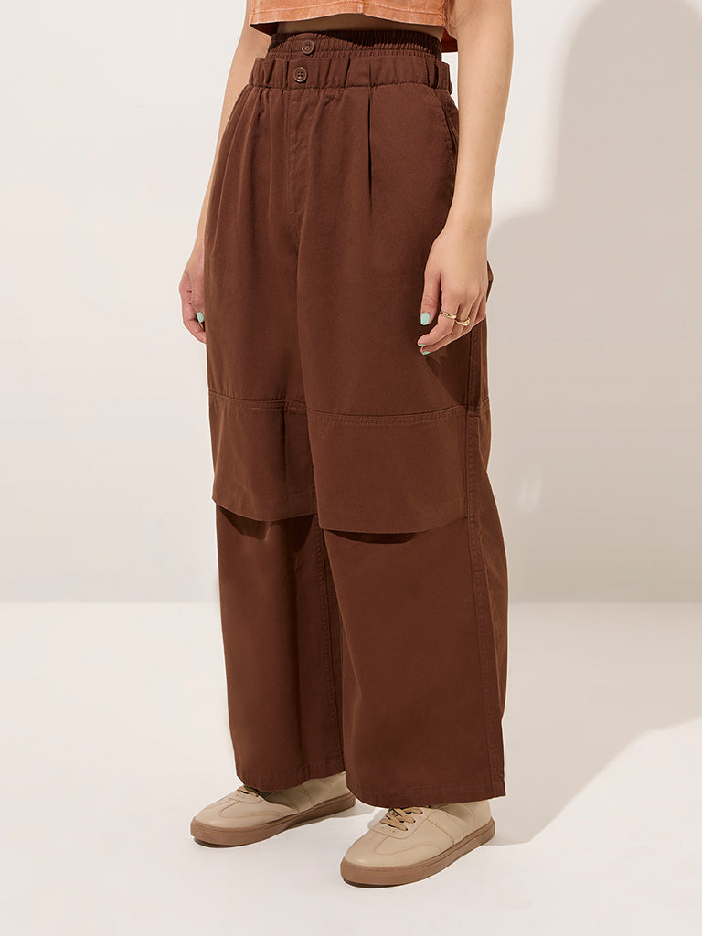 Nuon Dark Brown Wide-Leg High-Rise Cotton Pants - Image 2