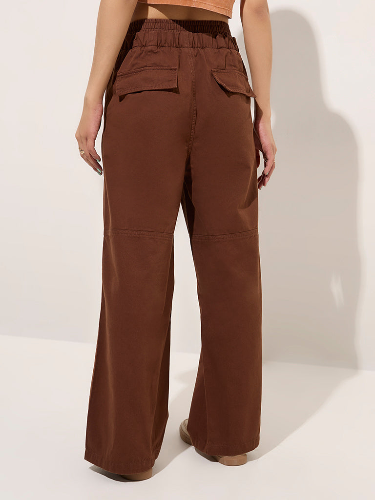 Nuon Dark Brown Wide-Leg High-Rise Cotton Pants - Image 4