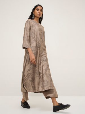 Zuba Light Taupe Foliage Printed A-Line Kurta