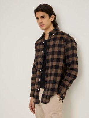 WES Casuals Brown Checkered Relaxed-Fit Cotton-Blend Shirt