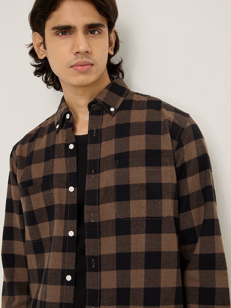 WES Casuals Brown Checkered Relaxed-Fit Cotton-Blend Shirt - Image 2