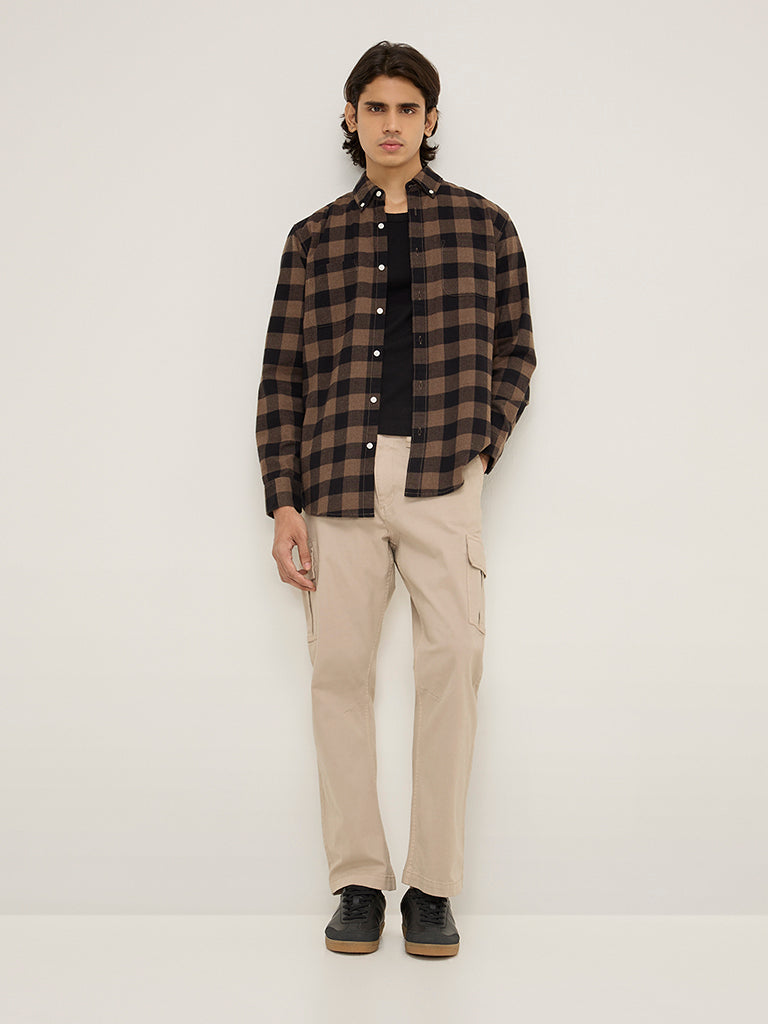 WES Casuals Brown Checkered Relaxed-Fit Cotton-Blend Shirt - Image 3