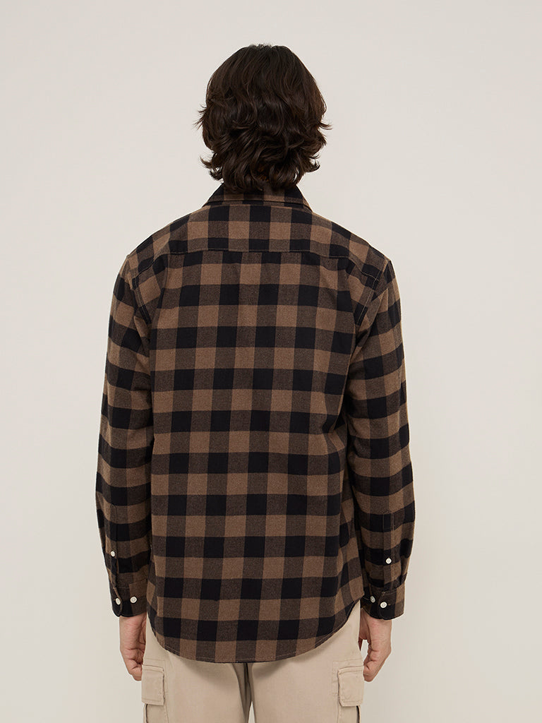 WES Casuals Brown Checkered Relaxed-Fit Cotton-Blend Shirt - Image 4