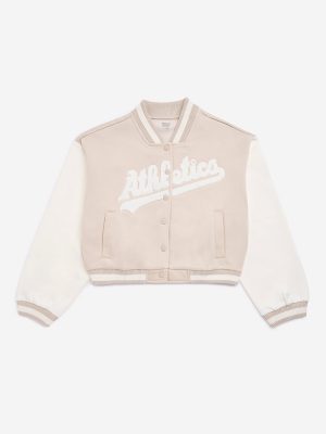 Y&F Kids Beige Text Design Cotton-Blend Varsity Jacket