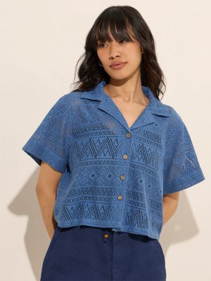 Bombay Paisley Navy Knit-Textured Cotton Shirt