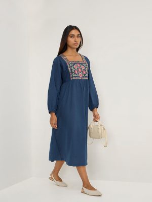 Utsa Indigo Floral Embroidered Cotton A-Line Dress