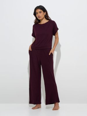 Wunderlove Plum Self Striped High-Rise Lounge Pants