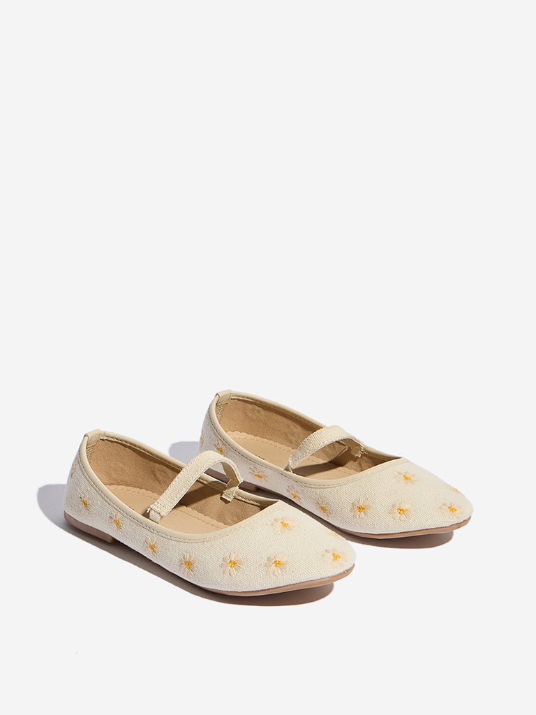 Yellow Beige Floral Embroidered Mary Jane Shoes - Image 2