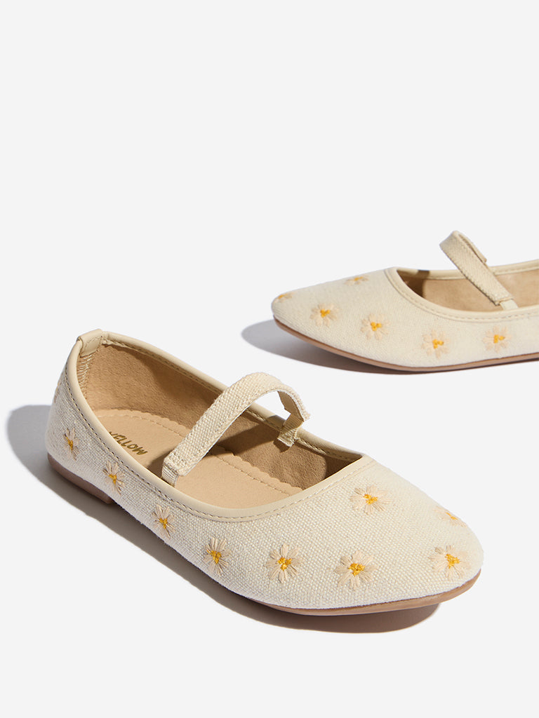 Yellow Beige Floral Embroidered Mary Jane Shoes - Image 3