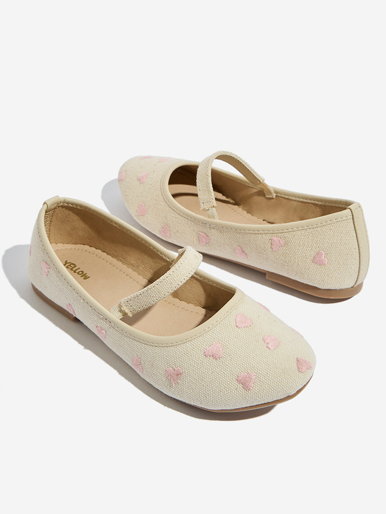 Yellow Off-White Hearts Embroidered Mary Jane Shoes - Image 3