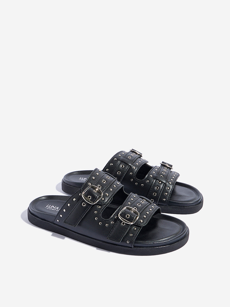 LUNA BLU Black Stud Detailed Dual-Strap Comfort Sandals - Image 2