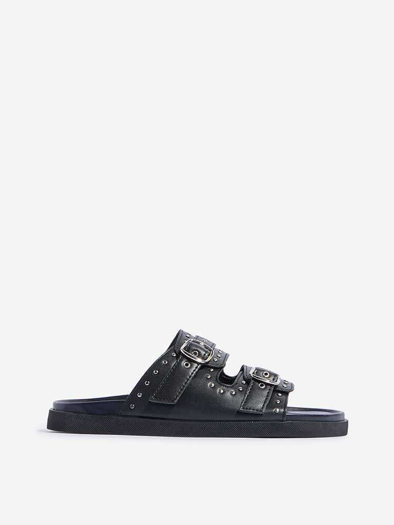 LUNA BLU Black Stud Detailed Dual-Strap Comfort Sandals