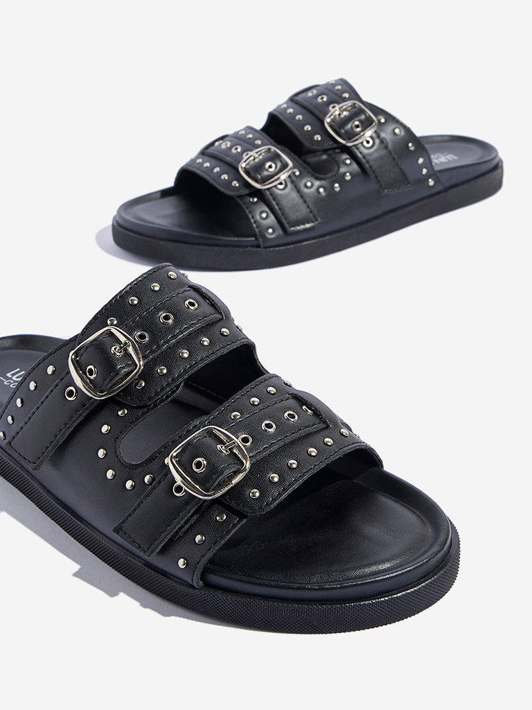 LUNA BLU Black Stud Detailed Dual-Strap Comfort Sandals - Image 3