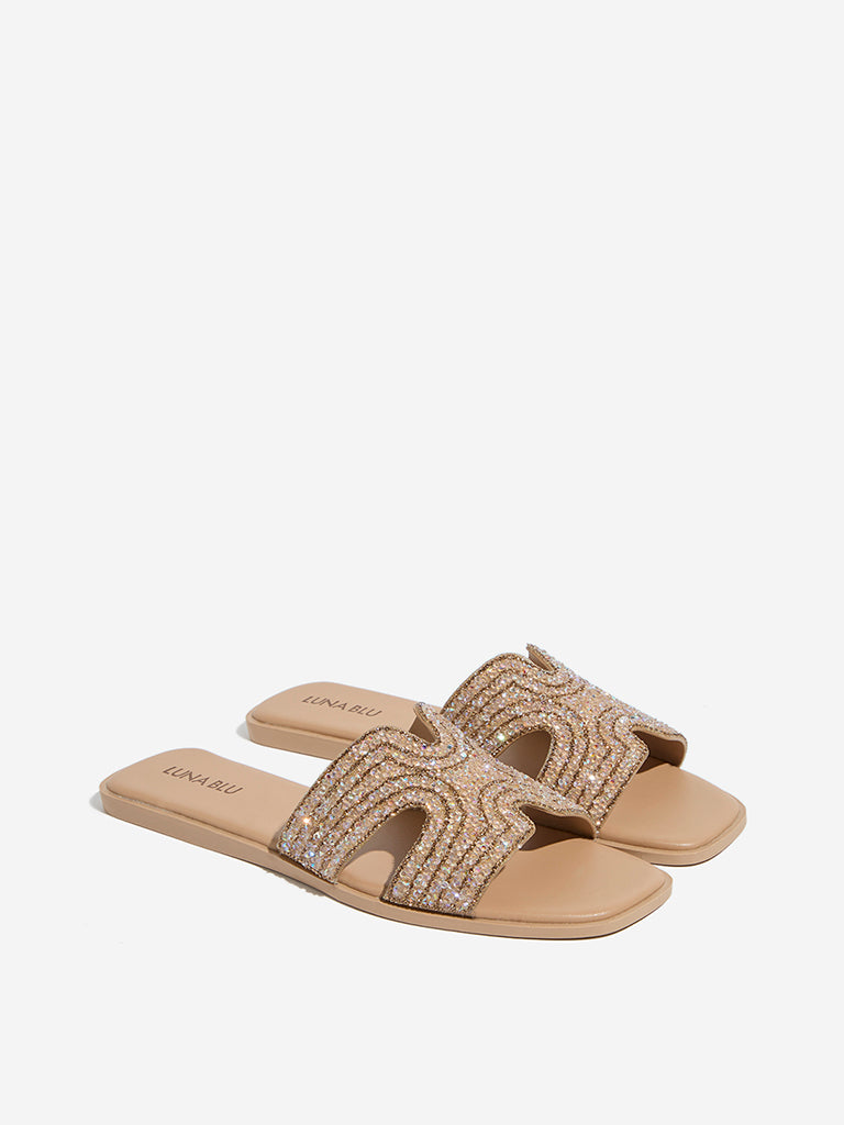 LUNA BLU Rose Gold Embellished Slides - Image 2
