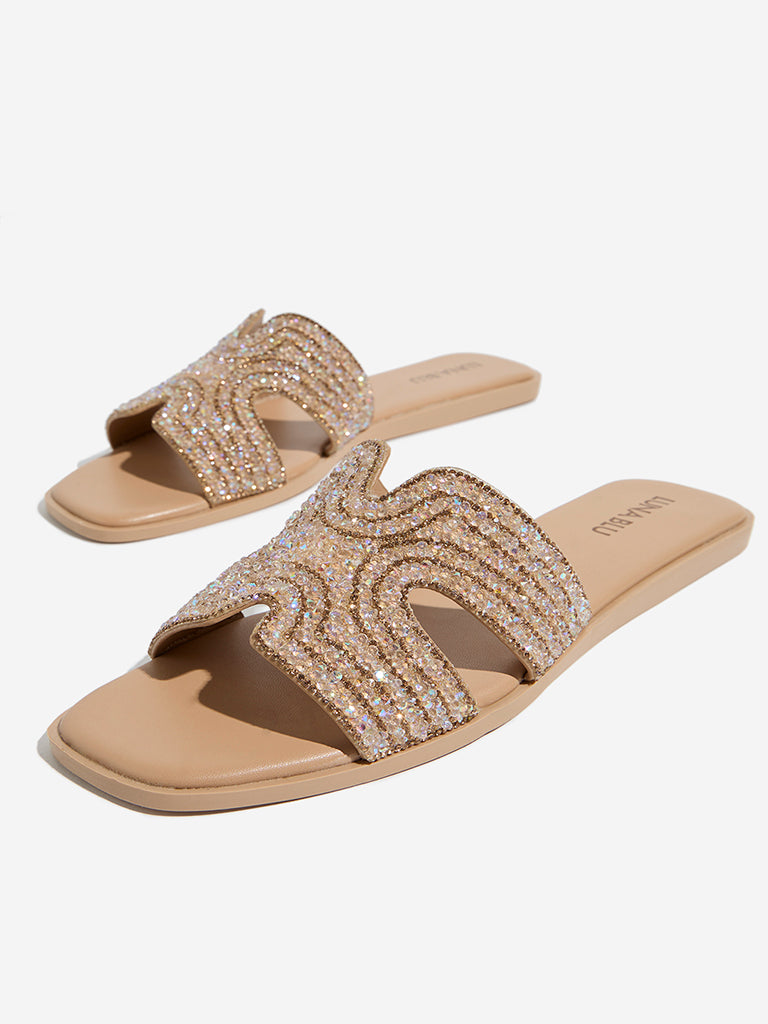 LUNA BLU Rose Gold Embellished Slides - Image 3