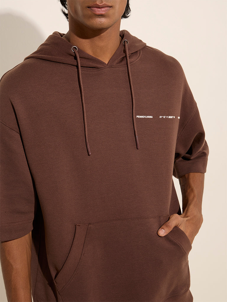 Studiofit Brown Relaxed-Fit Cotton-Blend Hoodie - Image 2