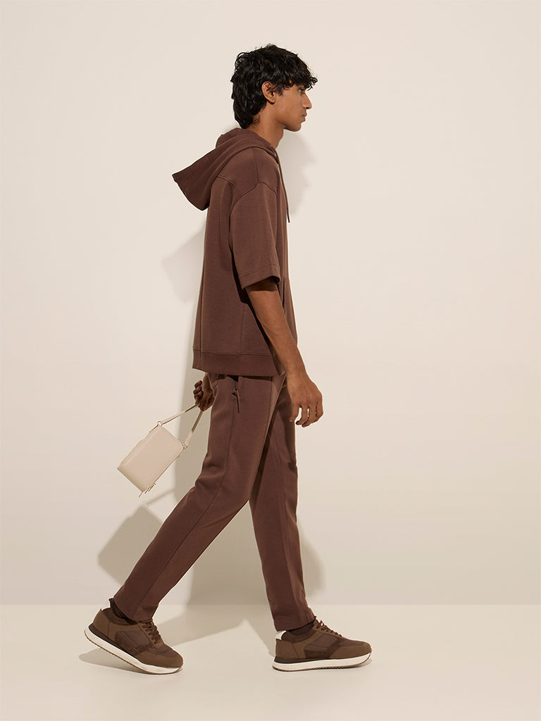 Studiofit Brown Relaxed-Fit Cotton-Blend Hoodie - Image 3