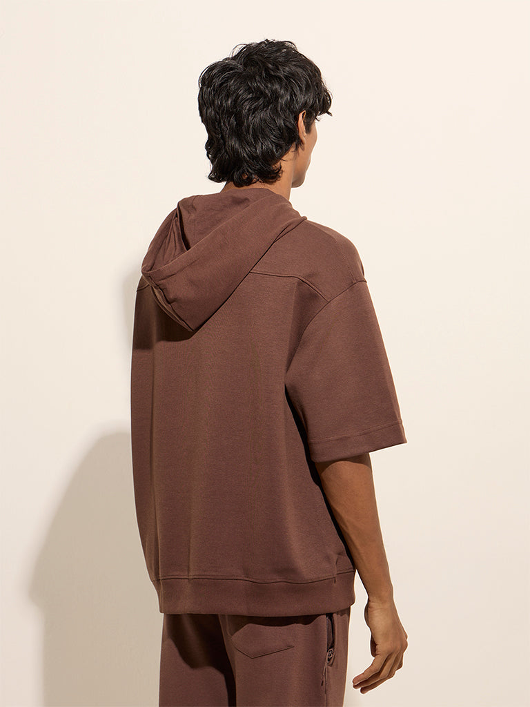 Studiofit Brown Relaxed-Fit Cotton-Blend Hoodie - Image 4