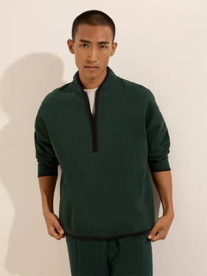 Studiofit Dark Green Solid Quarter Zip Cotton-Blend Sweatshirt