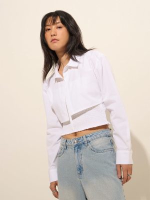 Nuon White Cotton Shirt With Smocked Top