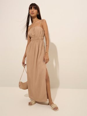 Nuon Dark Beige Knot-Detailed Cotton A-Line Dress