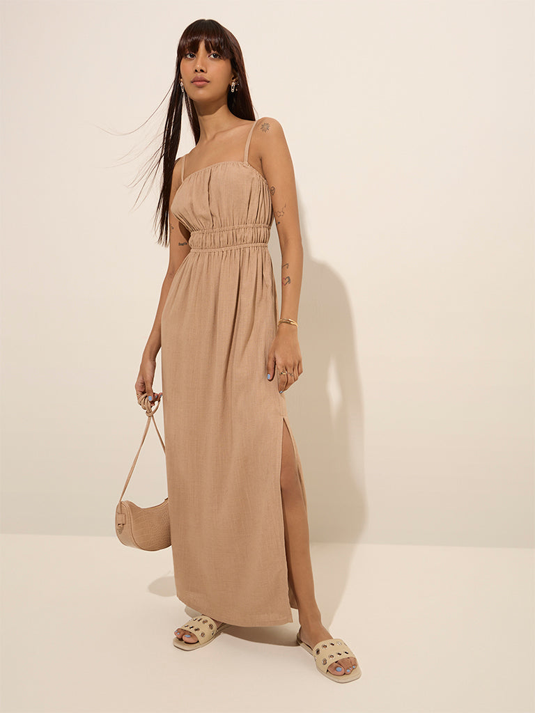 Nuon Dark Beige Knot-Detailed Cotton A-Line Dress