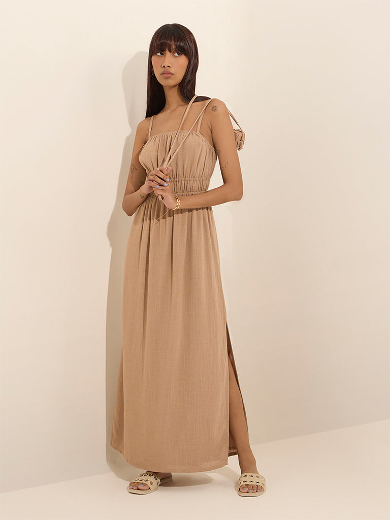Nuon Dark Beige Knot-Detailed Cotton A-Line Dress - Image 2
