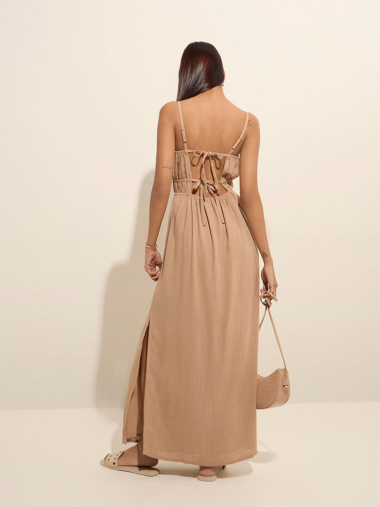 Nuon Dark Beige Knot-Detailed Cotton A-Line Dress - Image 4