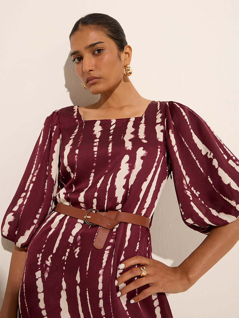 Wardrobe Wine Abstract Printed A-Line Dress with Belt - Image 2