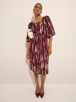 Wardrobe Wine Abstract Printed A-Line Dress with Belt