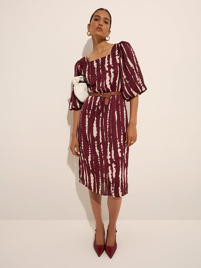 Wardrobe Wine Abstract Printed A-Line Dress with Belt