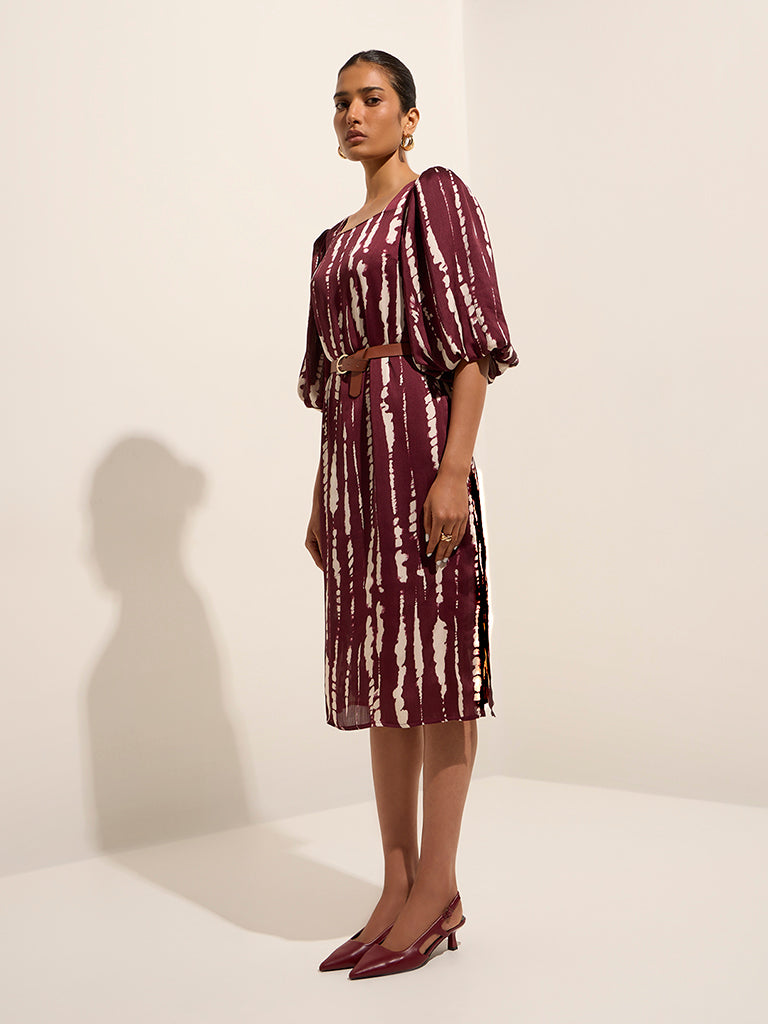 Wardrobe Wine Abstract Printed A-Line Dress with Belt - Image 3