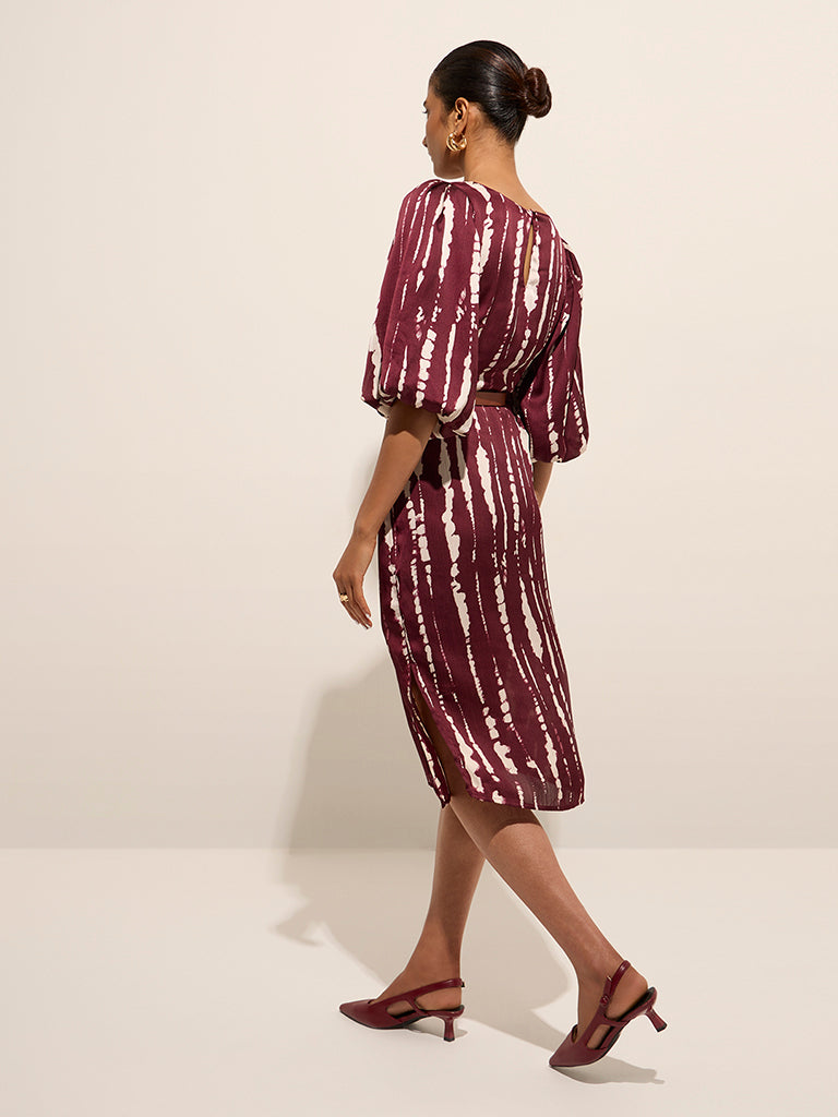 Wardrobe Wine Abstract Printed A-Line Dress with Belt - Image 4