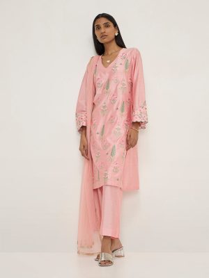 Vark Pink Floral Embroidered Kurta. Pants and Dupatta Set
